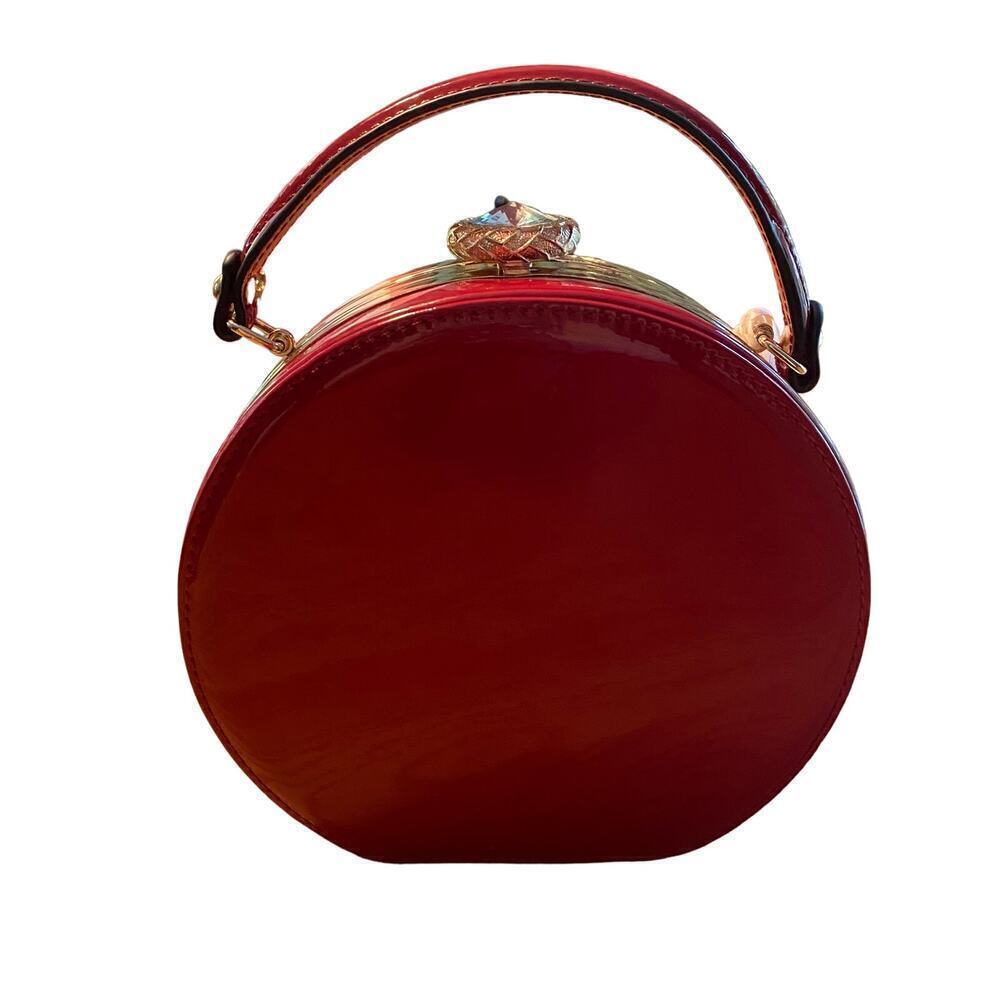 LA TERRE Red Fashion Peta Approved Vegan Handbag Faux Patent, Round, Red Strap,